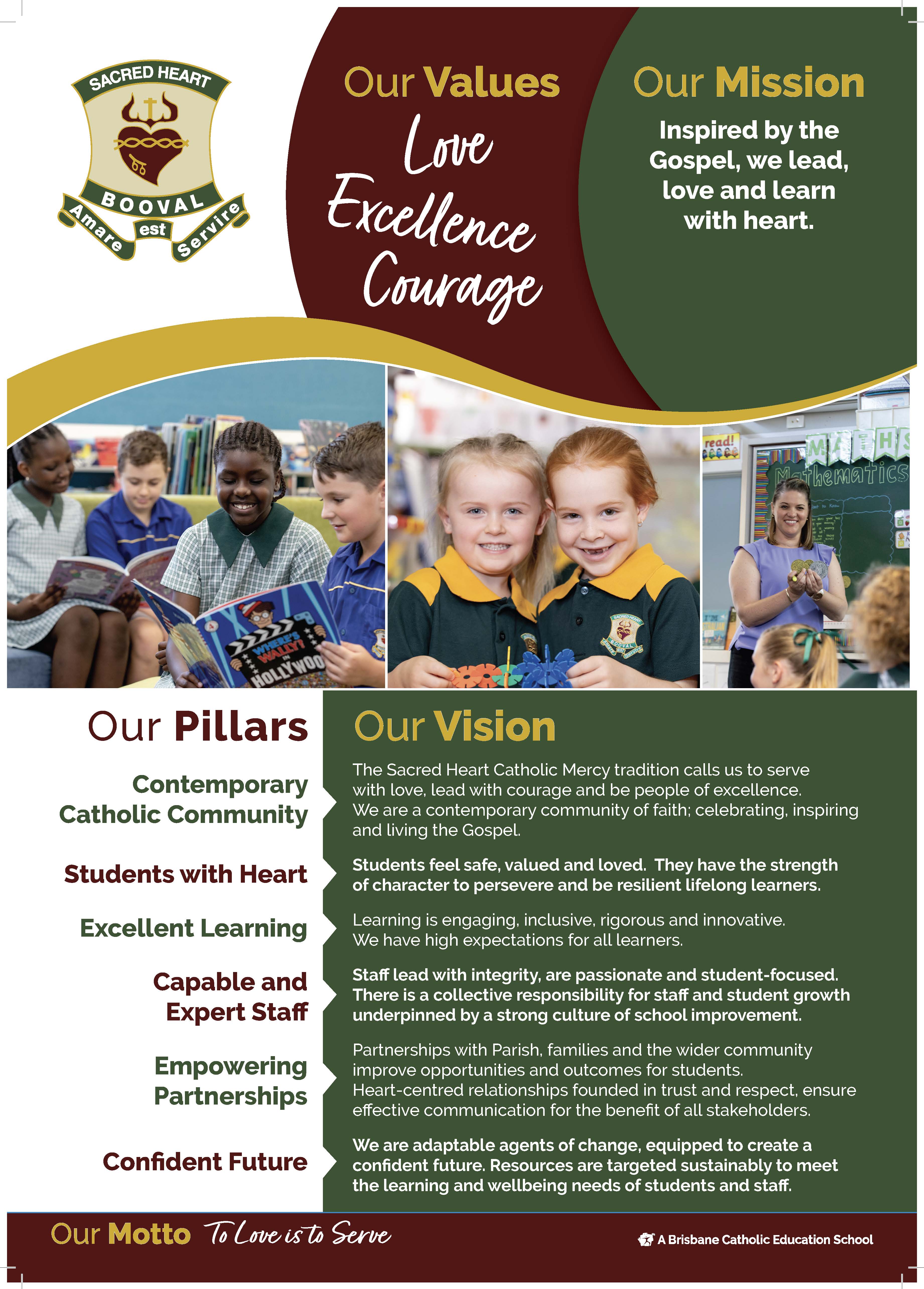 school values and mission poster featuring student learning, classroom activities, and text outlining pillars, vision, and motto